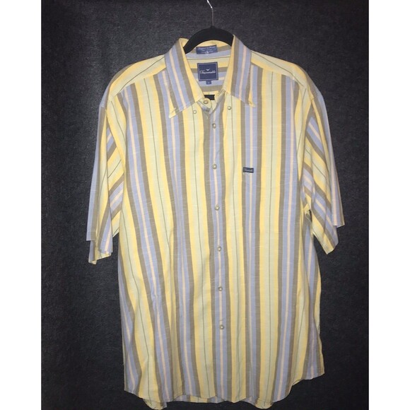 Faconnable Men's Casual Shirt Large Stripe Yellow Blue Grey Button Short Sleeve - Picture 1 of 11